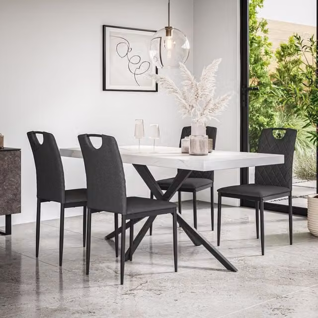 More4Homes Donni Dining Table and 4 Monza Linen Dining Chairs Set, White Marble Effect Table Top with Black Legs and Charcoal Chairs, W/D/H: 160 x 80 x 76 cm – 1