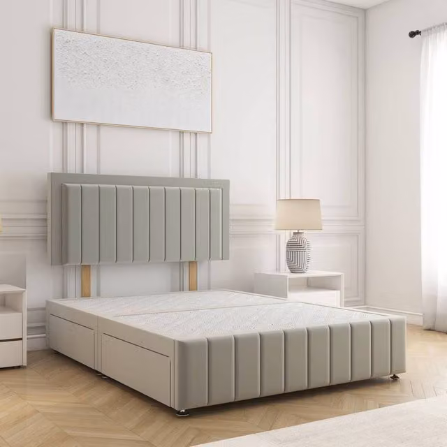 BSSPOKE Sophia Double Divan Bed with 24 inch Headboard and 2 Drawers in Silver Velvet Fabric, W/D/H: 140 x 200 cm