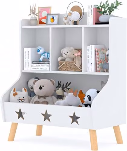 Huhote Kids Bookshelf and Toy Storage Organiser in White, 3 Compartments, W/D/H: 72.0 x 36.5 x 61.5 cm