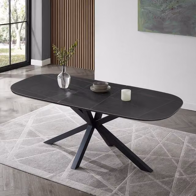 Home Detail Violet Black Sintered Stone and Ceramic Extendable Rectangular Dining Table with X-Frame Base