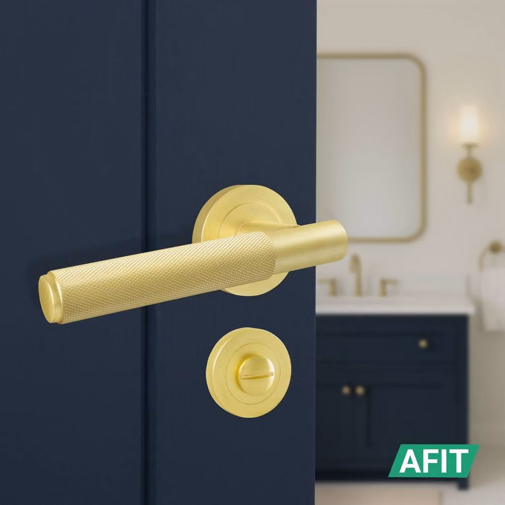 AFIT Satin Brass Bathroom Door Handle with Rose and WC Lock in Gold, W/D/H: 15 x 15 x 2 cm – 2