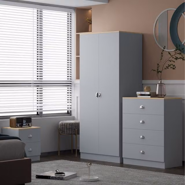 FWStyle Esher 2 Door Wardrobe in Matt Grey with Light Oak Top