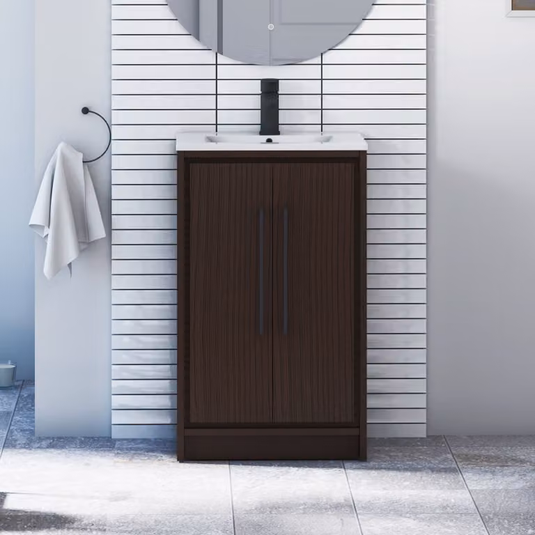 Livora 2 Door Floor Standing Bathroom Vanity Unit in Walnut with Minimalist Basin and Matt Black Handles