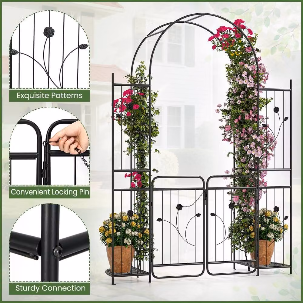 Costway Metal Garden Archway with Lockable Gate and Trellis in Black, Height: 220 cm – 7