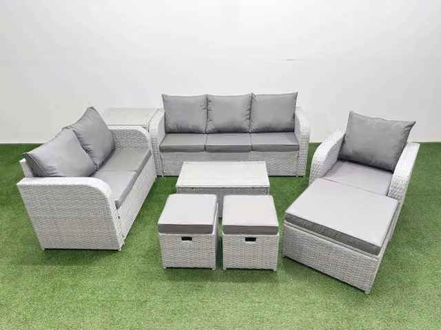 Fimous Patio 9 Seater Grey PE Wicker Rattan Outdoor Furniture Set with Rectangular Coffee Table, Reclining Chairs, Loveseat, 3 Seater Sofa and Stool