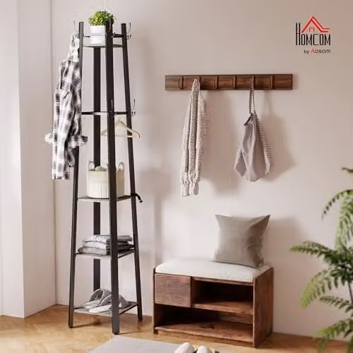 HOMCOM Industrial Coat Stand with 8 Hooks and 4 Shelves in Grey and Black – 2