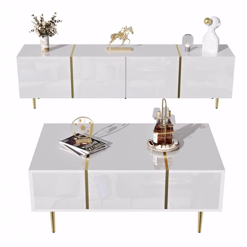 BTM Modern High-Gloss White TV Cabinet and Coffee Table Set – 2