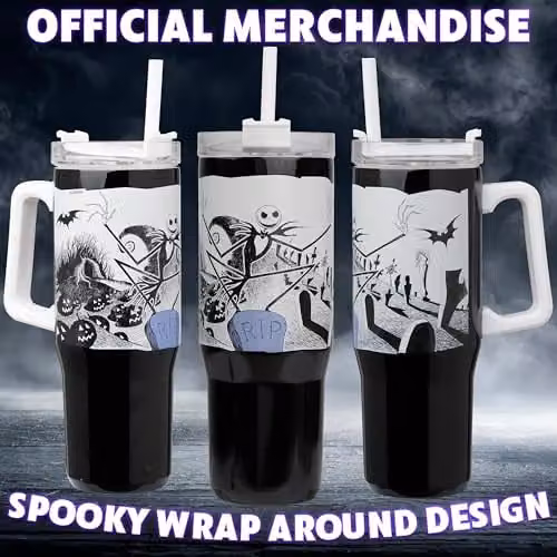 Disney Nightmare Before Christmas Insulated Stainless Steel Tumbler with Straw, Black and White, 940 ml – 5