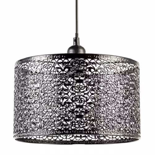Happy Homewares Ornate Moroccan Style Black Metal Circular Pendant Lamp Shade, W: 25 cm, H: 15 cm