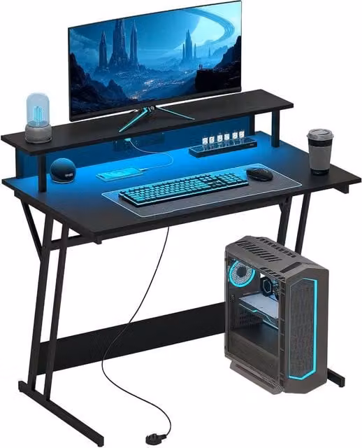 Rolipo Two-Level LED Gaming Desk in Black