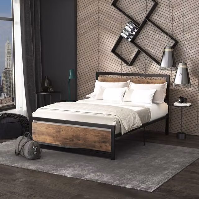 HOMCOM Industrial Metal Double Bed Frame with Headboard and Footboard in Black and Brown, 140 x 200 cm