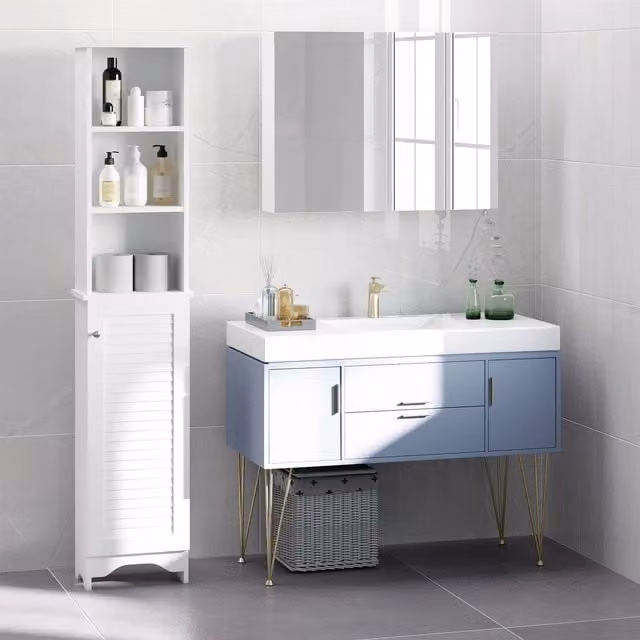 HOMCOM White Tall Bathroom Storage Cabinet with Roll Shutter Doors and Internal Shelves, H 165 x W 34 x D 34 cm – 1