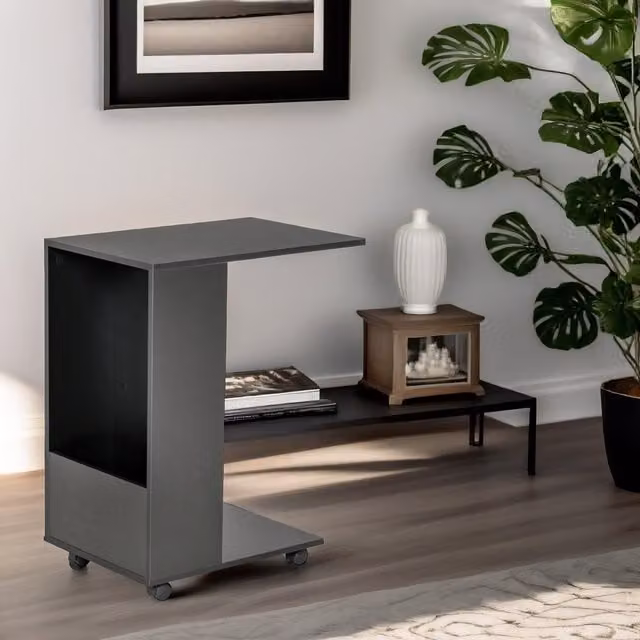 Pirlo Plush Industrial C Shaped Side Table with Storage and Castors, Black, W: 60 cm, D: 40 cm, H: 70 cm – 1