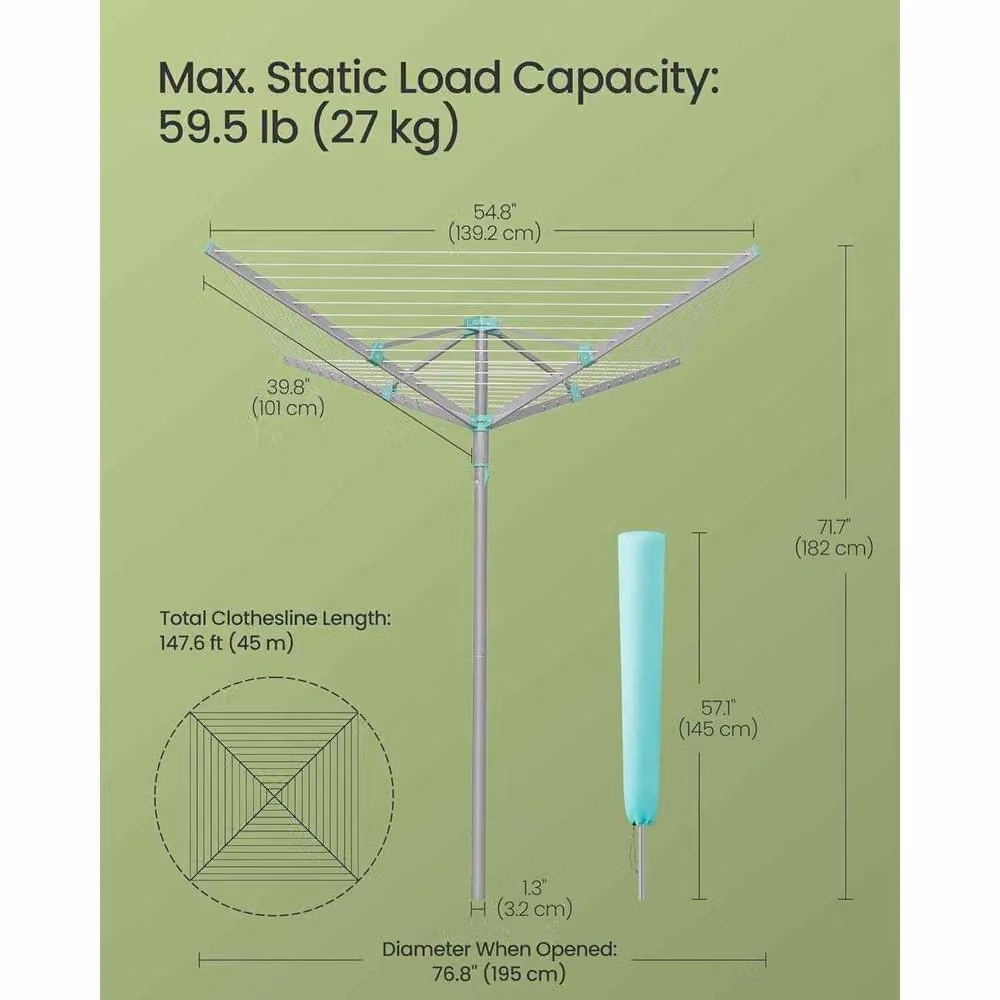 The Bazaarist Foldable Rotary Washing Line with Cover, Silver, H 195 cm x W 182 cm – 3