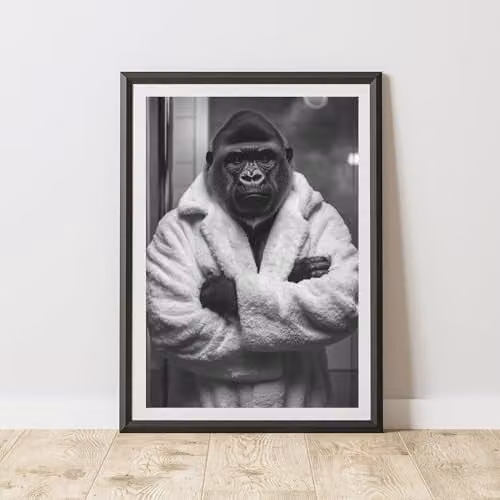 60 Second Makeover Gorilla In Dressing Gown Animal Print Paper Poster, Black and White, W: 21.0 cm, H: 29.7 cm