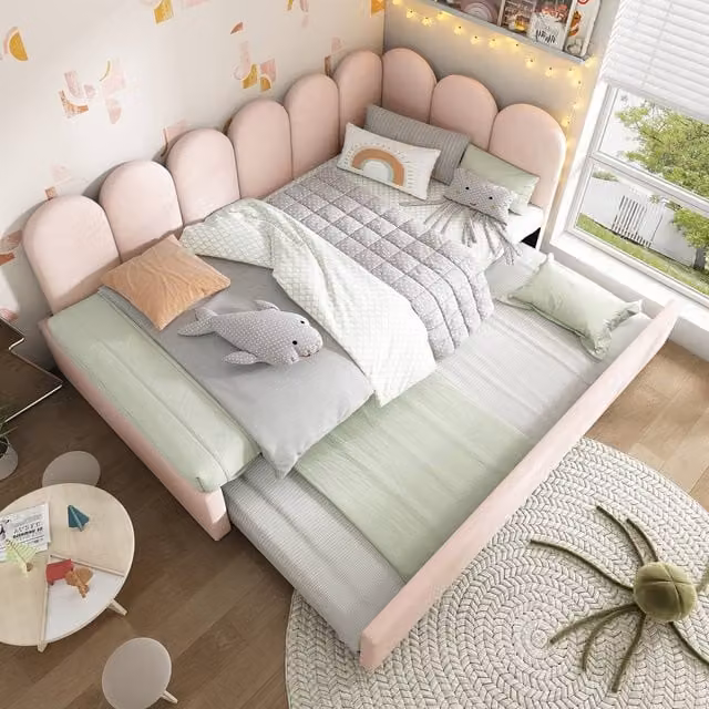STILVORA Pink Velvet Single Daybed with Pull-Out Bed, W/D/H: 90 x 190 cm – 1