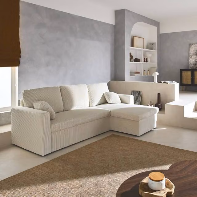 Sweekeec 3-Seater Large Corduroy Corner Sofa Bed in White with Reversible L-Shape Design and Pull-Out Drawer, W/D/H: 219 x 84 x 81 cm