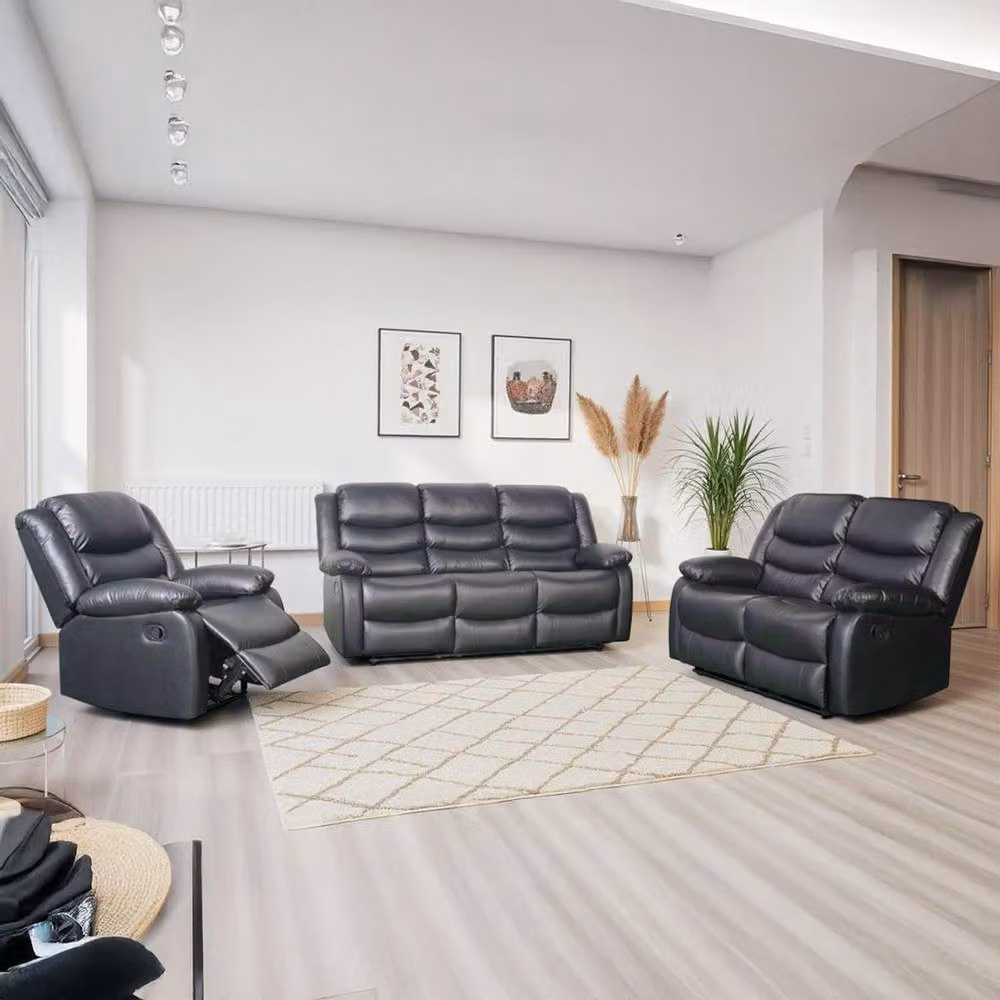Furnishings For Less UK Cortland 3 Piece Manual Reclining Sofa Suite in Black Synthetic Leather – 2