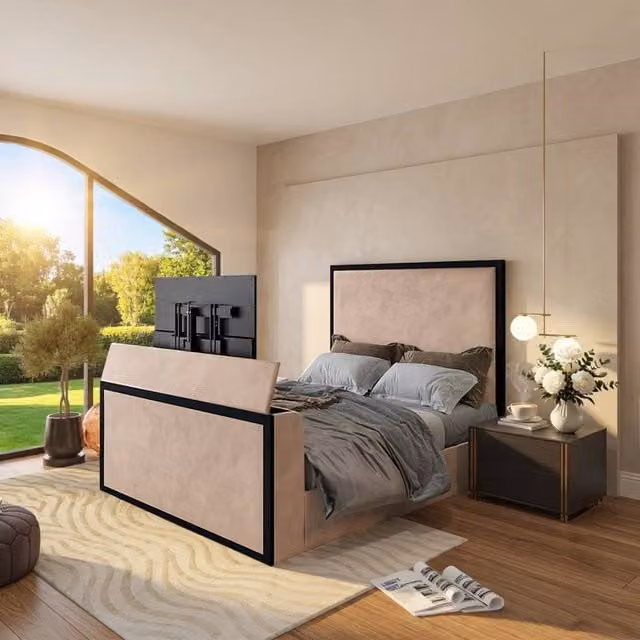 KDMD Adsborough Upholstered Electric Media TV Bed Frame in Beige, Single Size