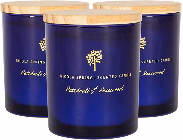 Nicola Spring Patchouli and Rosewood Scented Soy Wax Candles, Blue, Pack of 3, 130g each – 5