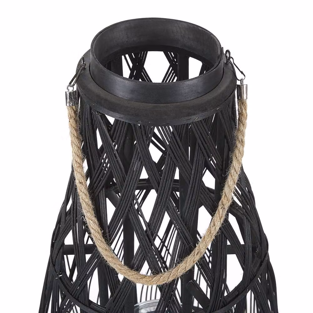Wyld and Coco Black Bamboo and Glass Scandinavian Lantern, Height: 56 cm – 4