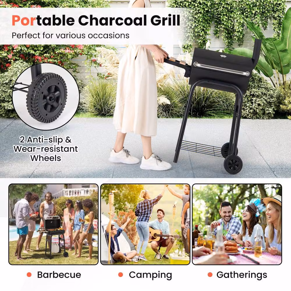 Gymax Portable Charcoal Barrel Grill with Foldable Side Table and Wheels, Black, W/D/H: 110 x 60 x 60 cm – 6