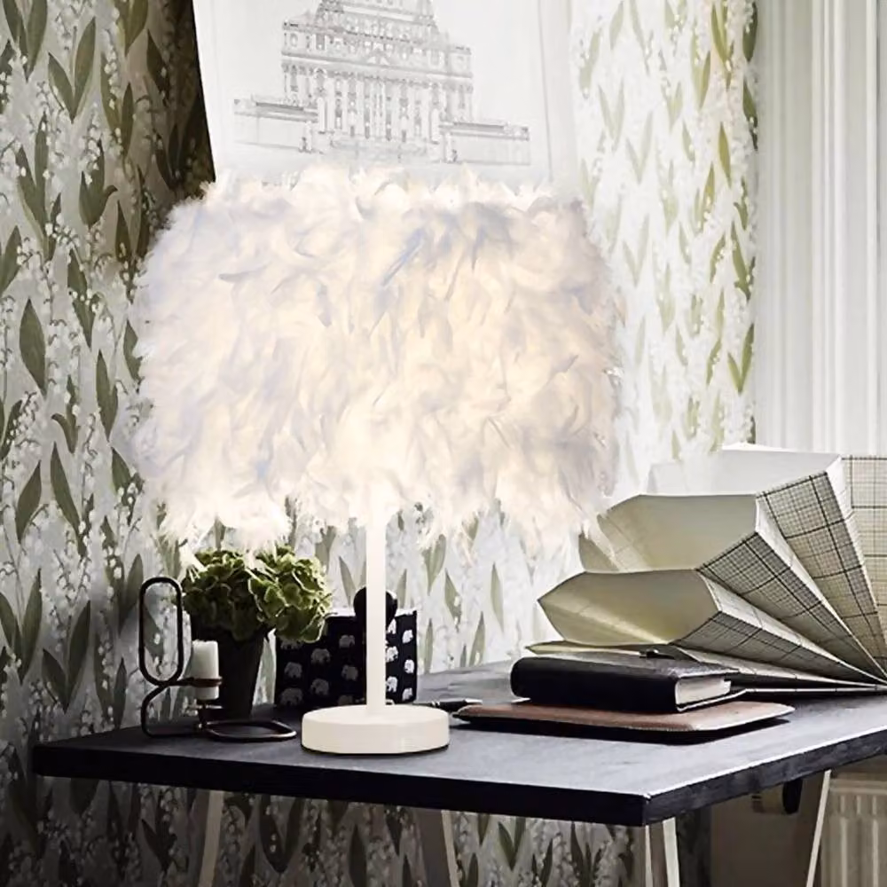 EONLION Modern White Feather Table Lamp with Metal Base and E27 LED Bulb – 4