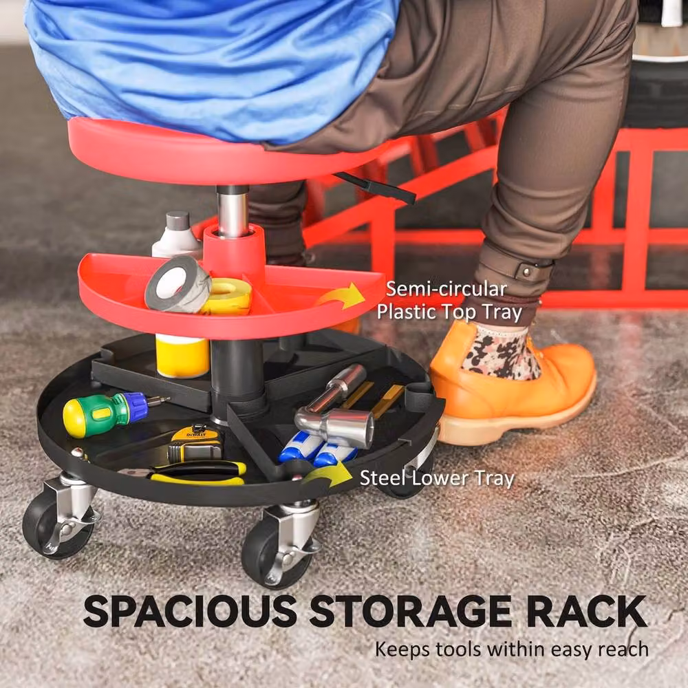NESTLUNE Rolling Mechanic Stool in Red with Metal Frame and Castors – 6