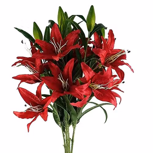 Leaf Pack of 6 Red Artificial Large Lily Stems, 100 cm Height