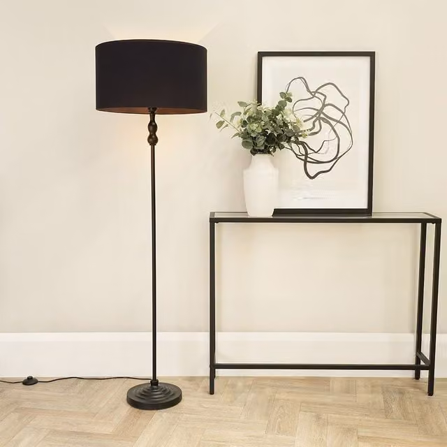 ValueLights Maggie Black Metal Candlestick Floor Lamp with Fabric Shade and LED Bulb