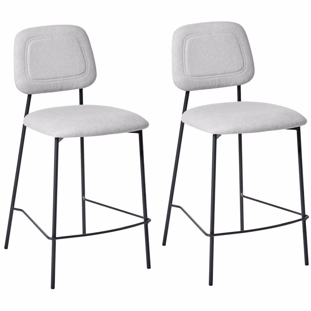 Wyld and Coco Set of 2 Modern Bar Chairs in Light Grey Faux Linen with Black Iron Frame – 2