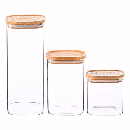 Argon Tableware Square Glass Storage Jar Set with Airtight Wooden Lids, Transparent – 1