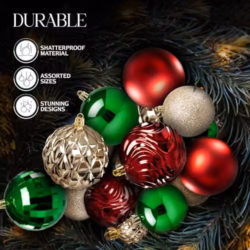 Pelle & Sol 36-Piece Shatterproof Christmas Bauble Set in Red, Green and Gold – 4