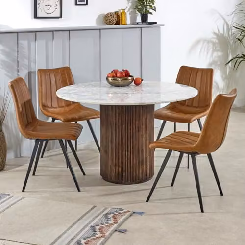 Indian Hub Opal Round Dining Table with White Marble Top and Mango Wood Base, W: 120 cm, D: 120 cm, H: 76 cm – 4