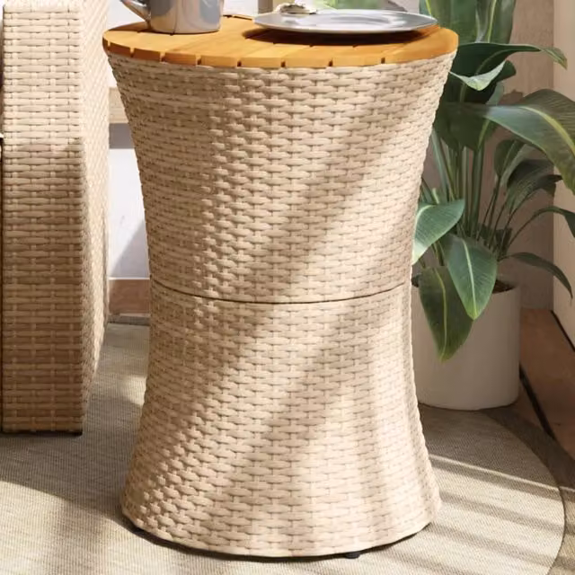 Berkfield Home Beige Poly Rattan and Acacia Wood Drum Shape Garden Side Table