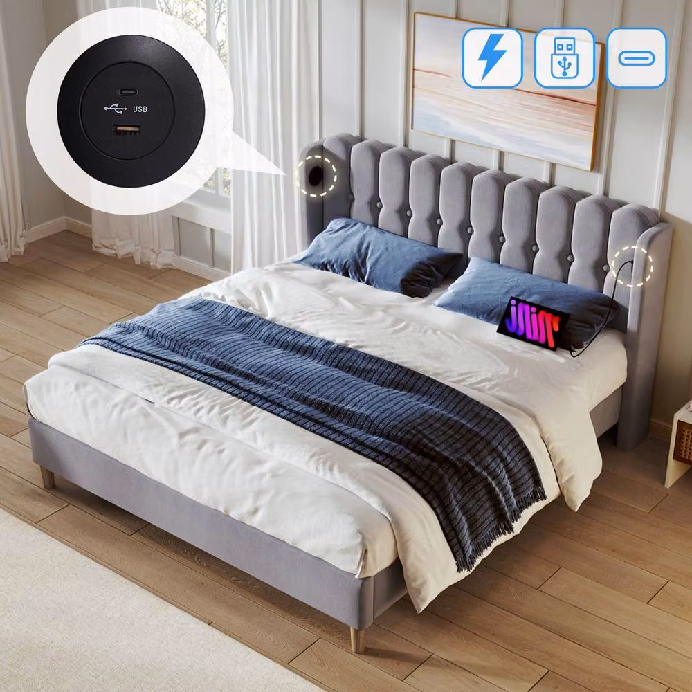 ModernLuxe Upholstered Fabric Bed in Grey with USB Charging Port and Wooden Slatted Frame, W/D/H: 140 x 103 x 197 cm – 5