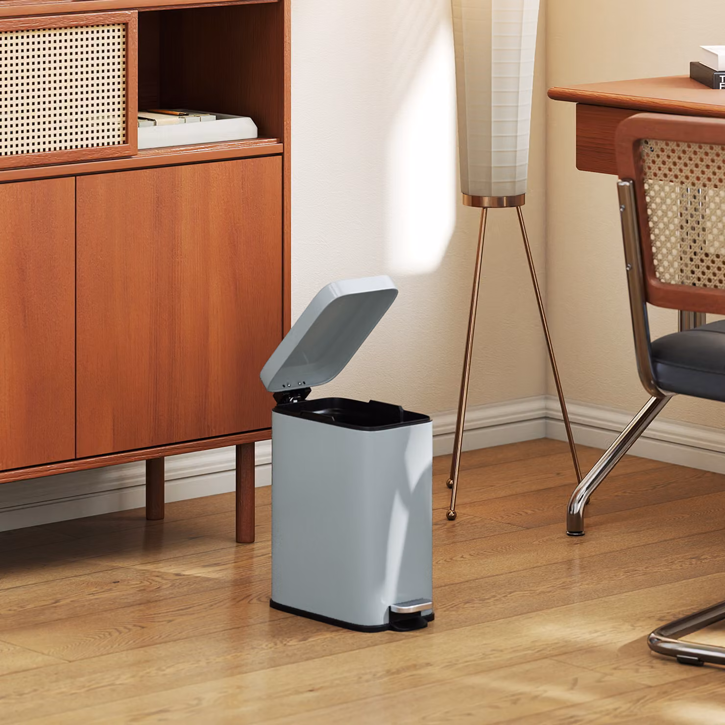 HOMCOM 5L Rectangular Compact Pedal Bin with Removable Bucket and Quiet-Close Lid, Grey Coated Steel – 5