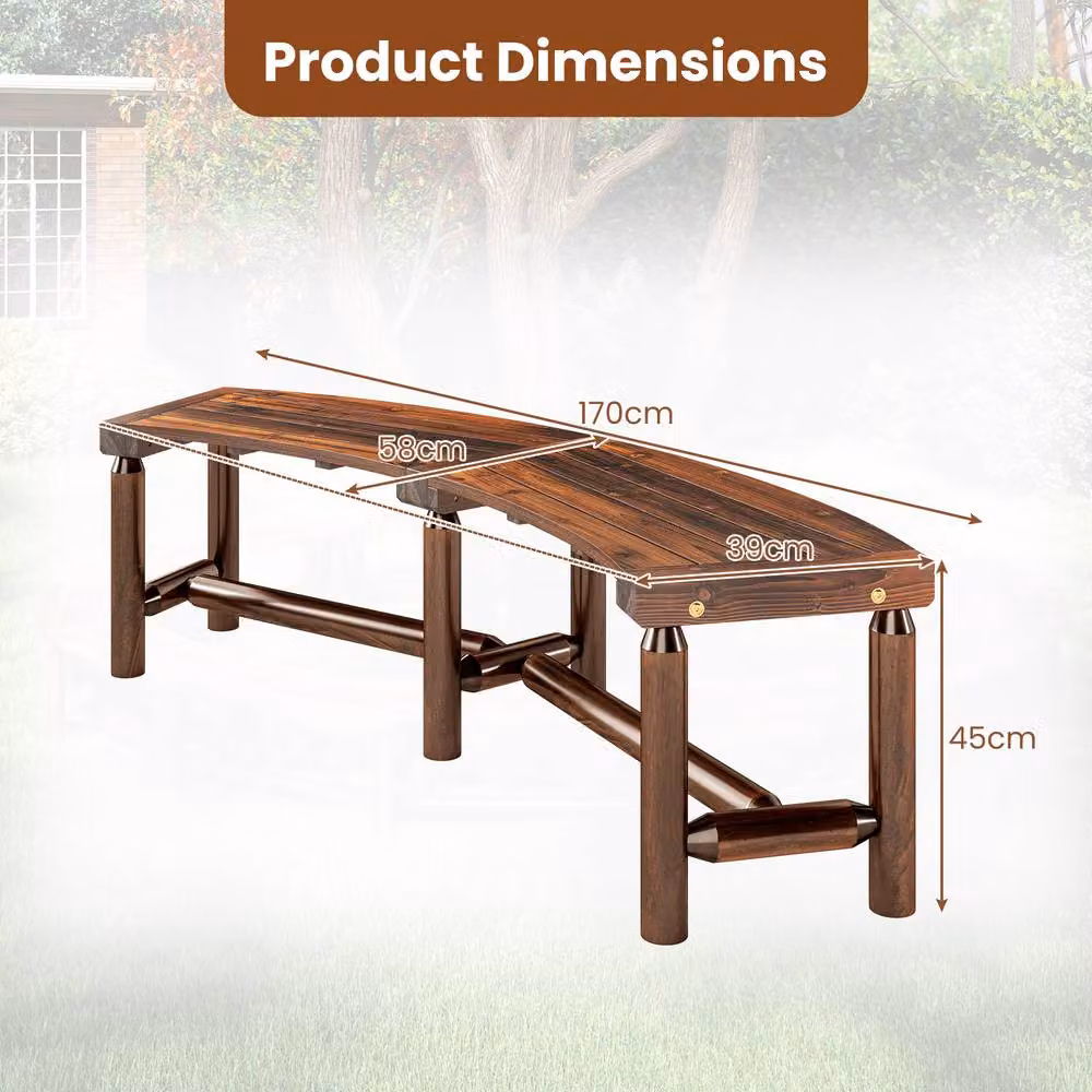 Costway Brown Solid Wood Curved Backless Patio Bench for 2-3 People – 6