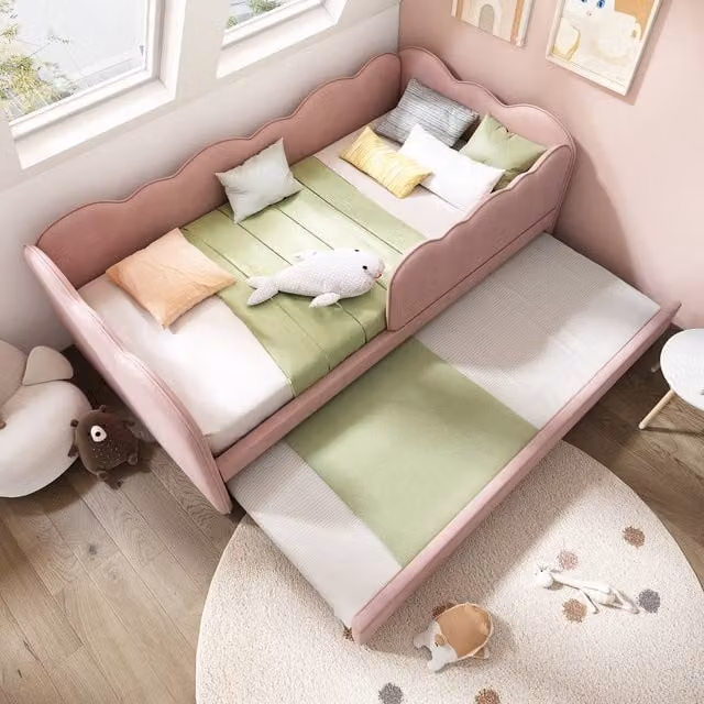 Merax Upholstered 3FT Single Daybed Sofa Bed with Pull Out Trundle in Pink, W/D/H: 90 x 190 cm – 1