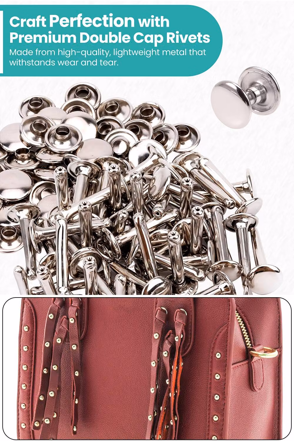 Neel Blue Extra Long Double Cap Studs, 50pcs Silver Brass Tubular Rivets, 8mm x 14mm – 3