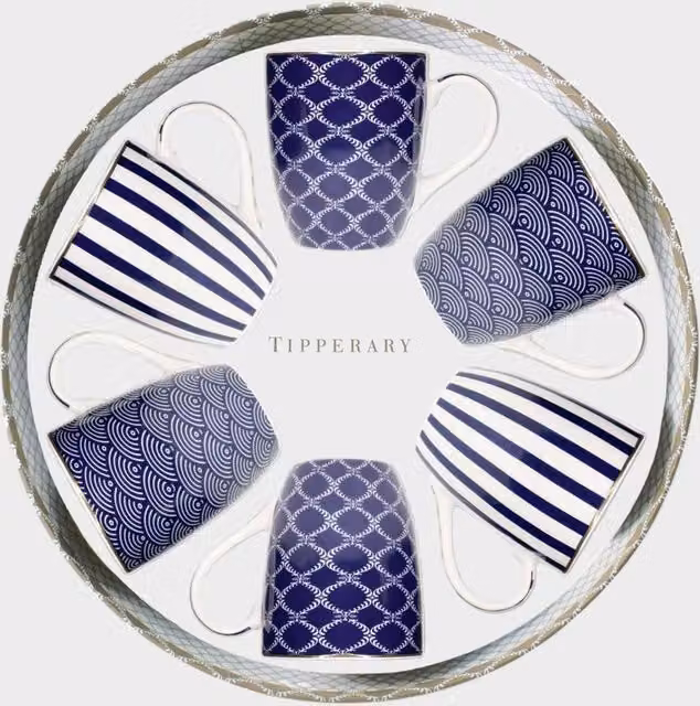 Tipperary Bone China Mug Gift Set of 6 in Blue and White Patterns – 1