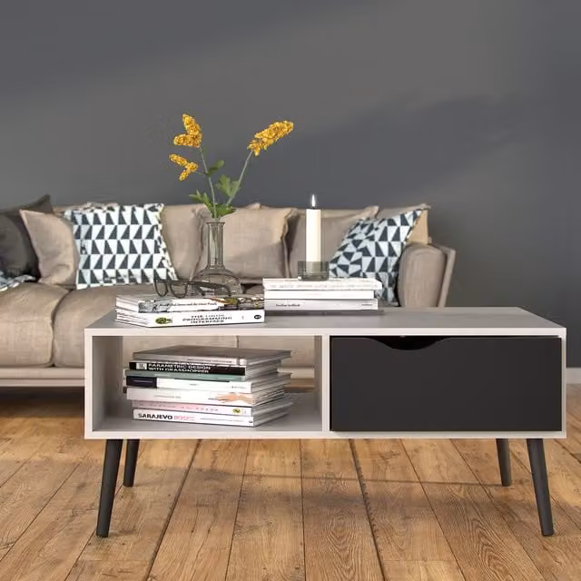 Toyen Scandinavian Coffee Table with One Drawer and One Shelf in White and Black Matt