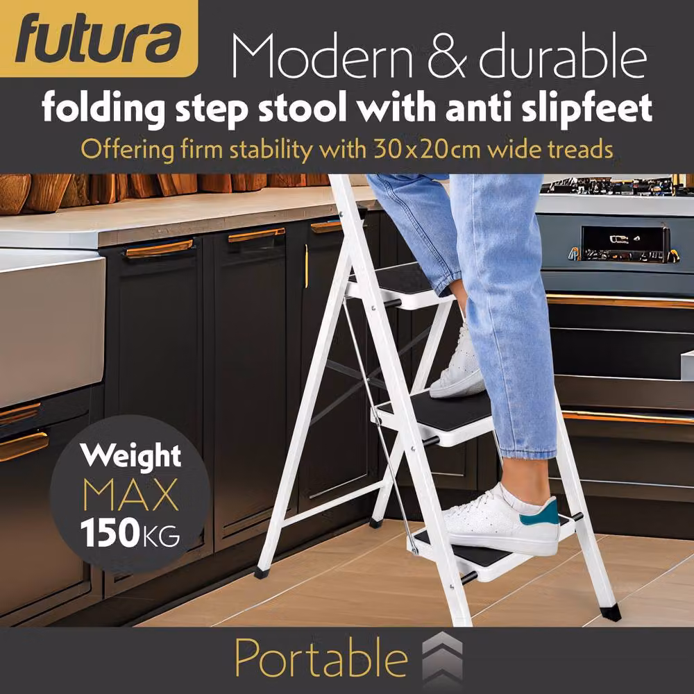 Futura 3 Step Heavy-Duty Steel Folding Step Ladder in White – 4
