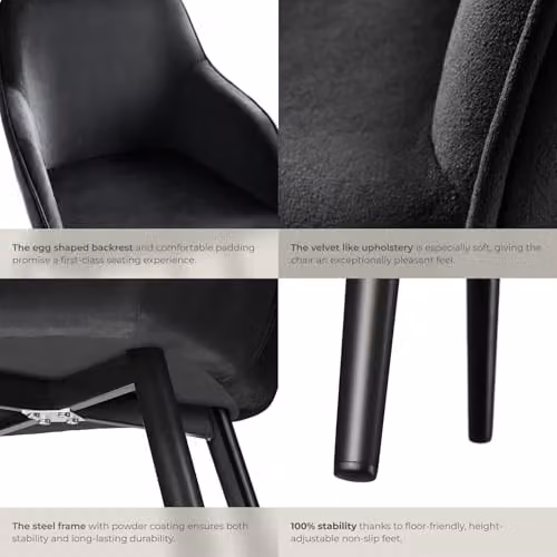 tectake Marilyn Dining Chair in Black Velvet with Armrests, W/D/H: 58 x 62 x 82 cm – 7