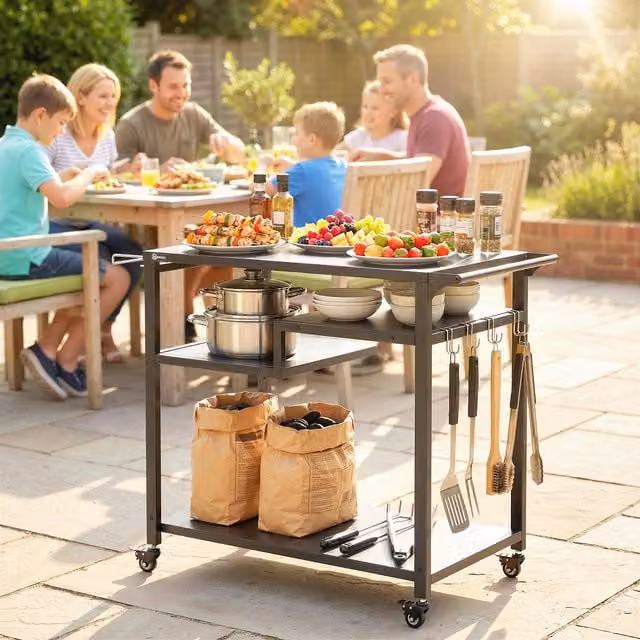 Outsunny Outdoor Grill Cart with Steel Tabletop and Rubbish Bag Holder, Black