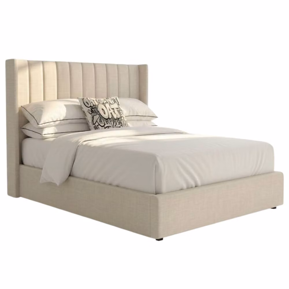 OAT Home Daresbury Winged Headboard Fabric Ottoman Storage Bed Frame in Sand, King Size – 2