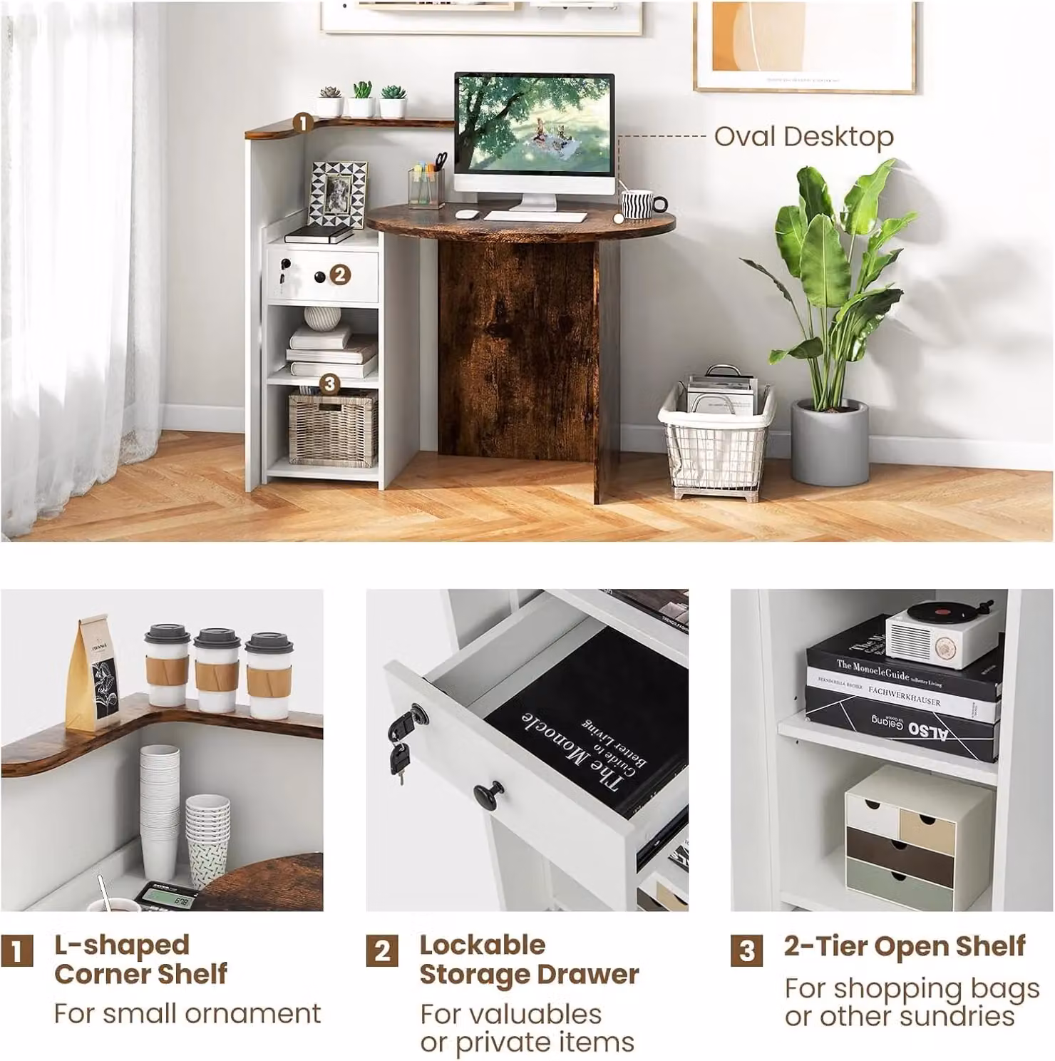 Gymax Modern Brown Counter Reception Desk with Lockable Drawer and Adjustable Shelf – 3
