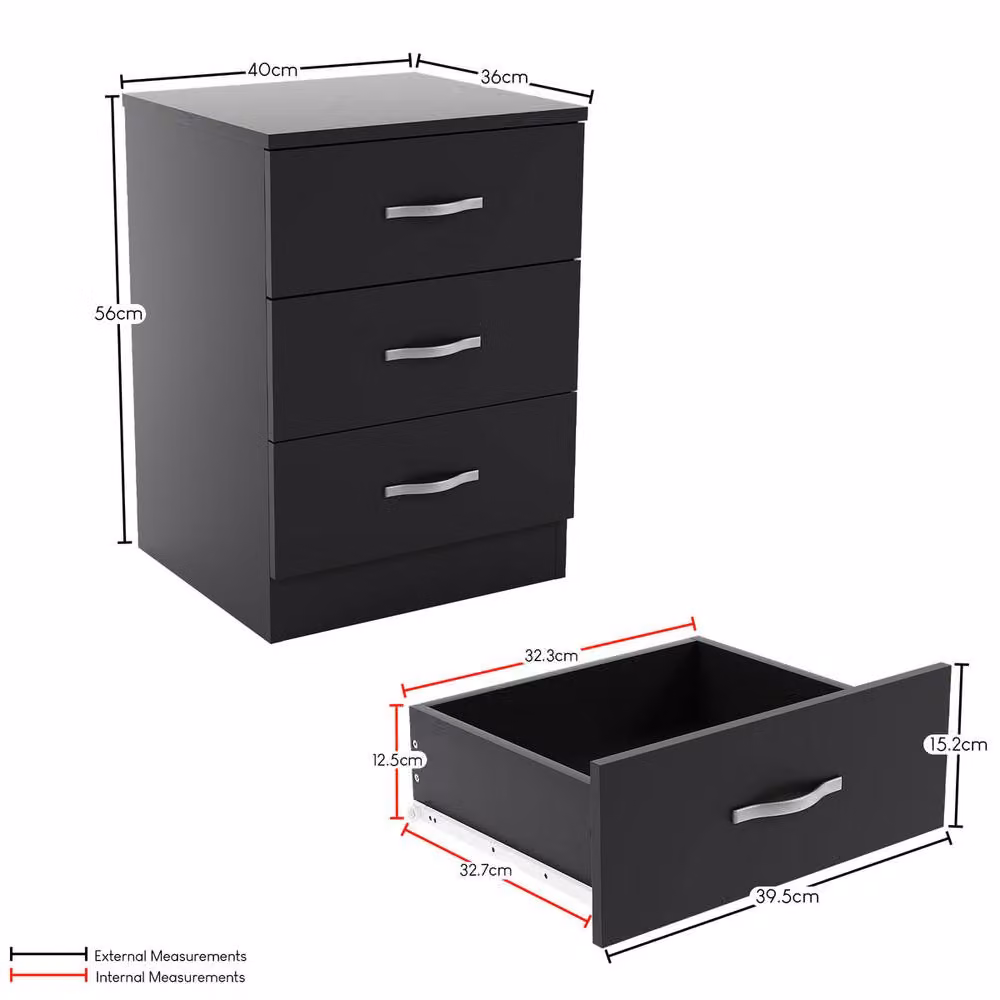 Vida Designs Riano 3 Drawer Bedside Chest Set of 2 in Black – 3