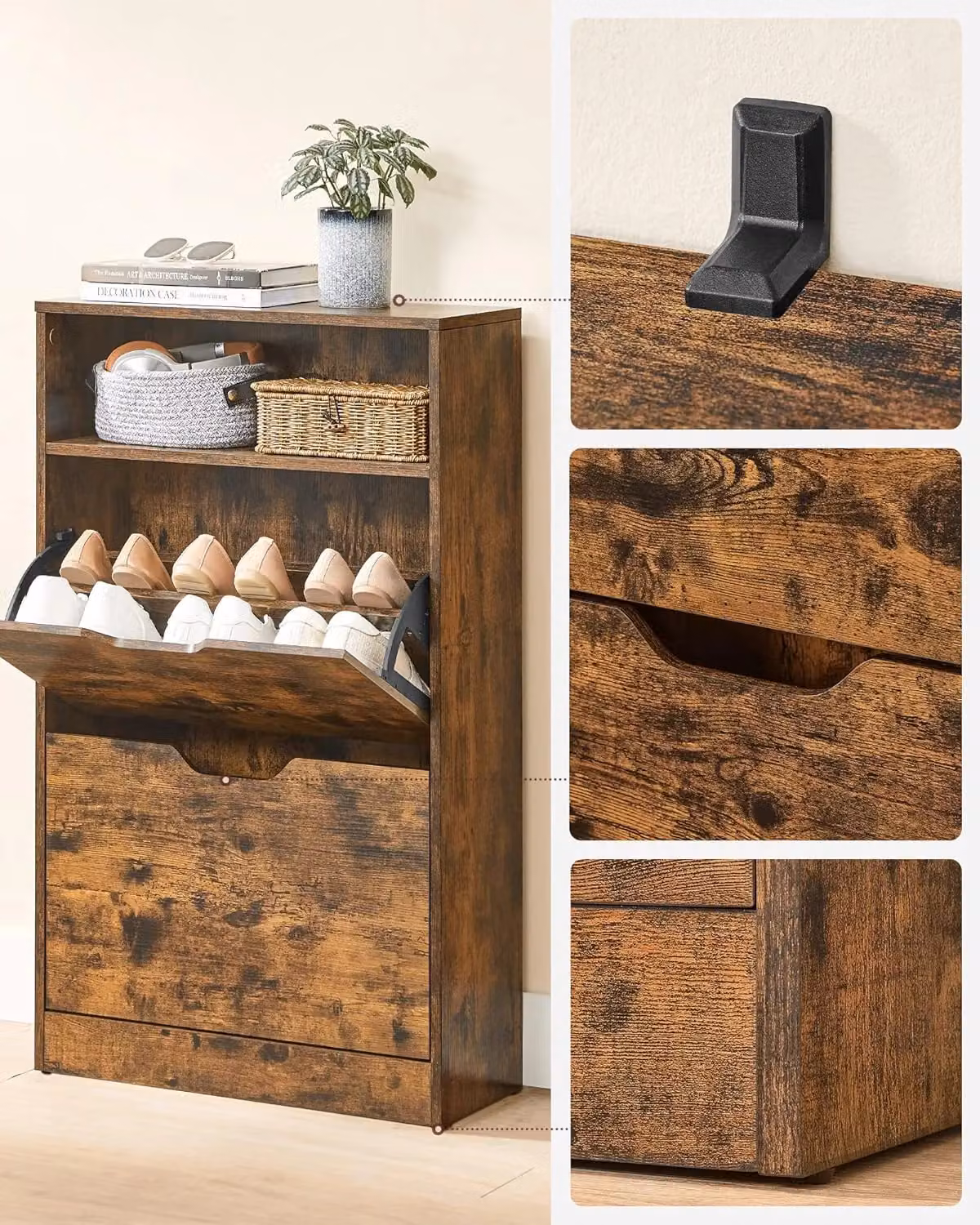 VASAGLE Industrial Shoe Cabinet in Brown with Tilting Compartments and Open Top Shelf – 6