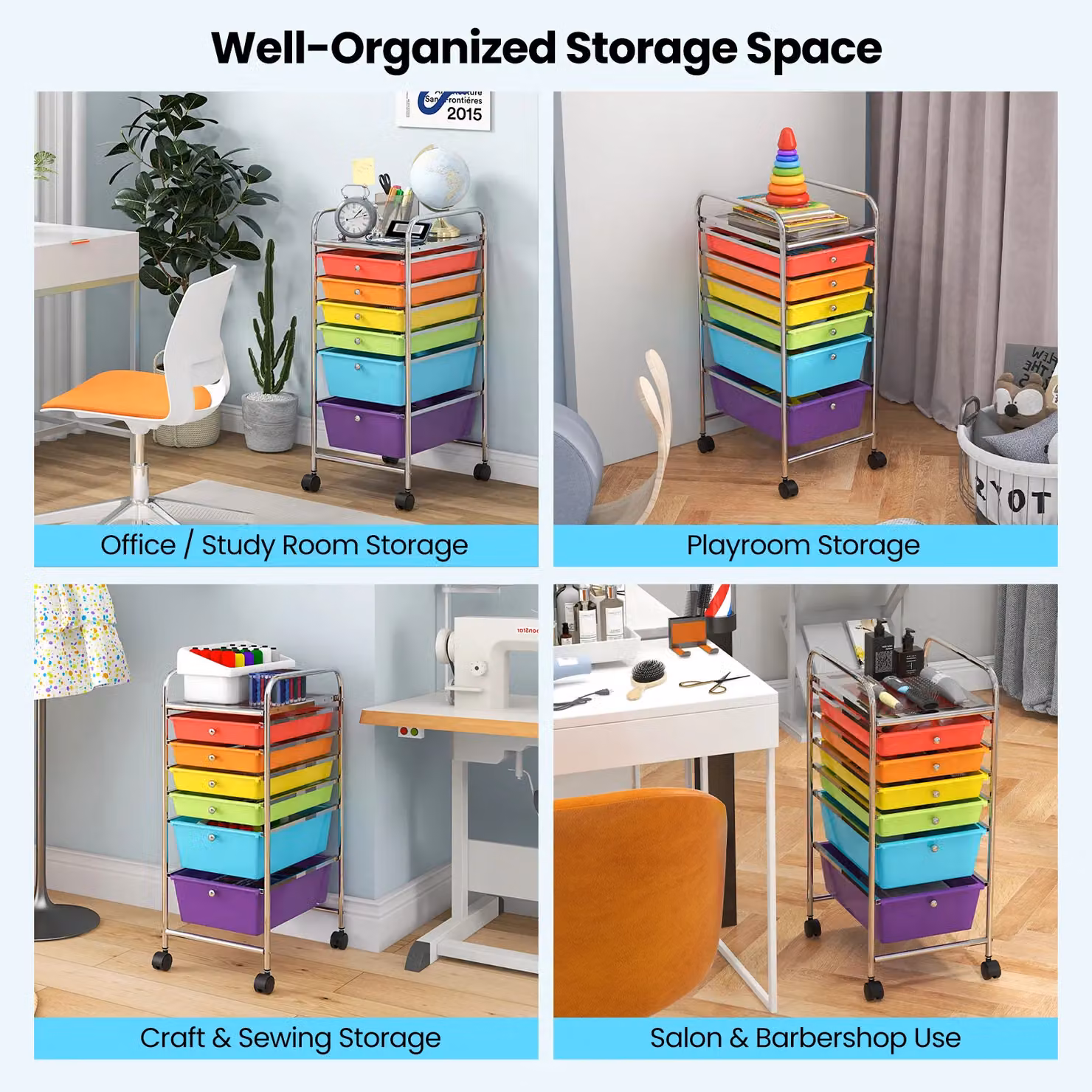 Gymax 6-Drawer Metal Mobile Utility Storage Trolley with Castors, Multicolour – 3